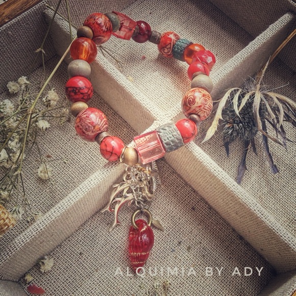 Alquimia Jewelry - Ocean Oracle Fringe Bracelet – Red Turquoise, Crystal, Wood & Coastal Charms • G